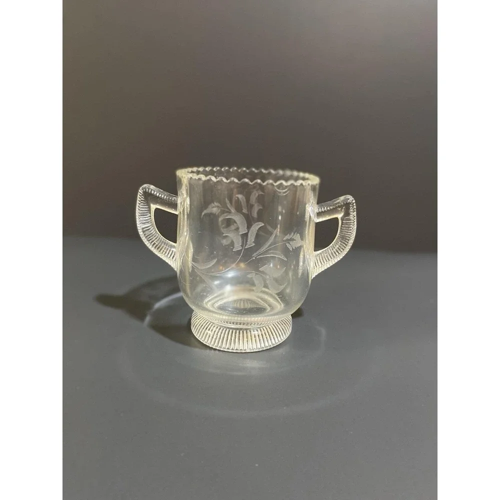 Vintage Greentown Clear‎ Pleat Band Pattern Two Handled Spooner Etched Leaf RARE